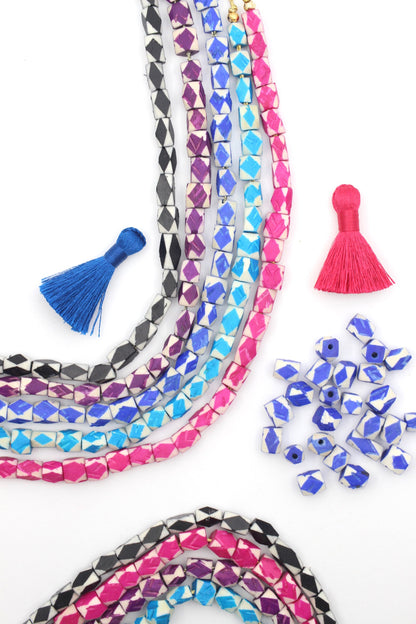 Argyle Faceted Geometric Bone Beads, Harlequin Charms, 7x8mm