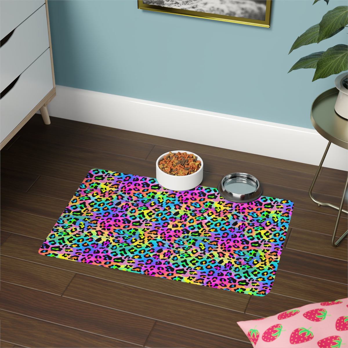 Bespattered Facade Candy Coated Neon Leopard Pet Food Mat