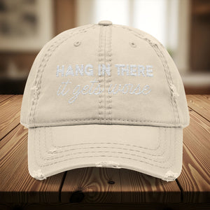 Bespattered Facade "Hang in There" White Embroidered Distressed Cap