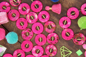 Magenta Tribal Donut: Hand Painted Beads, 25mm, 8 pieces