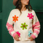BiBi Colorful Floral Patched Sweater With Striped Sleeves