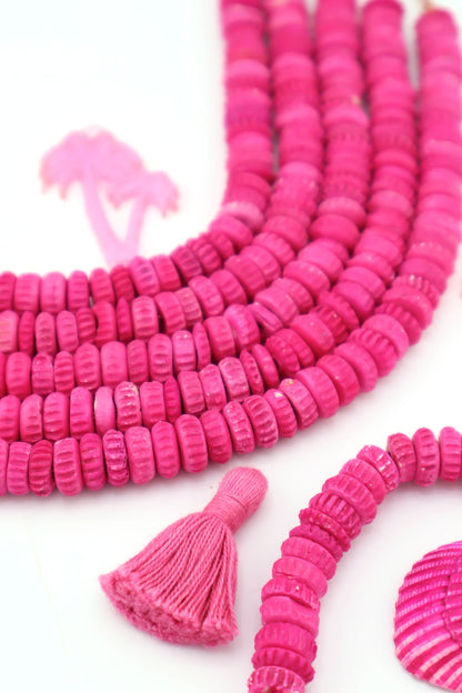 Carved Magenta Pink Donut Disc Bone Beads, 10x5mm, 50 beads
