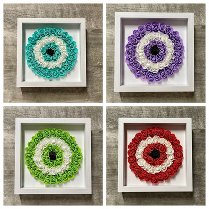 9” x 9” Handmade Multi Color Evil Eye Nazar Boncuk Mal De Ojo Rose Flower Shadowbox