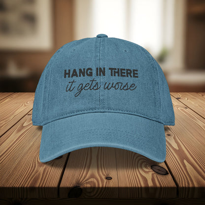 Bespattered Facade "Hang in There" Black Embroidered Denim Cap