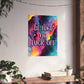 A colorful abstract wall art print hanging on a white wall in a styled interior. The print features the text 'BE NICE OR FUCK OFF' in large white letters over a vivid cosmic swirl of pink, purple, blue, orange, and yellow.