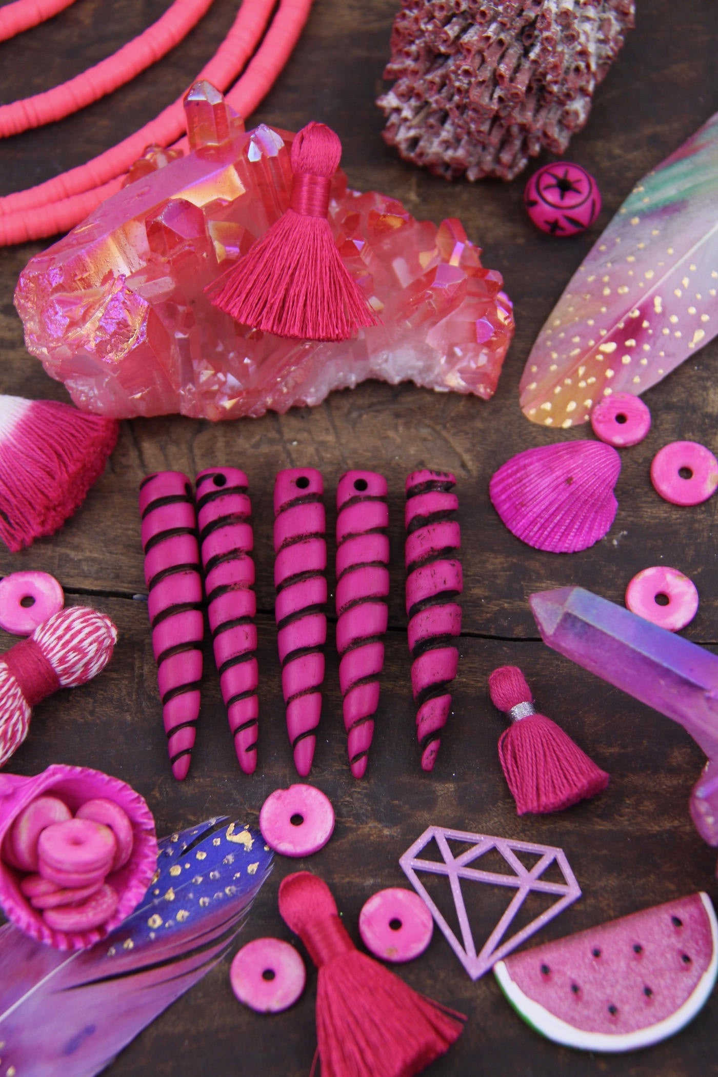 Hot Pink & Black Unicorn Horn Pendant: 2" Long Carved Bone Beads, 1 Piece