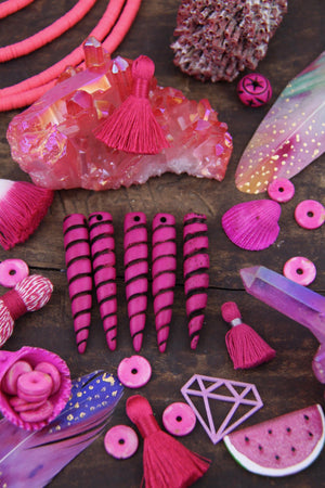 Hot Pink & Black Unicorn Horn Pendant: 2" Long Carved Bone Beads, 1 Piece