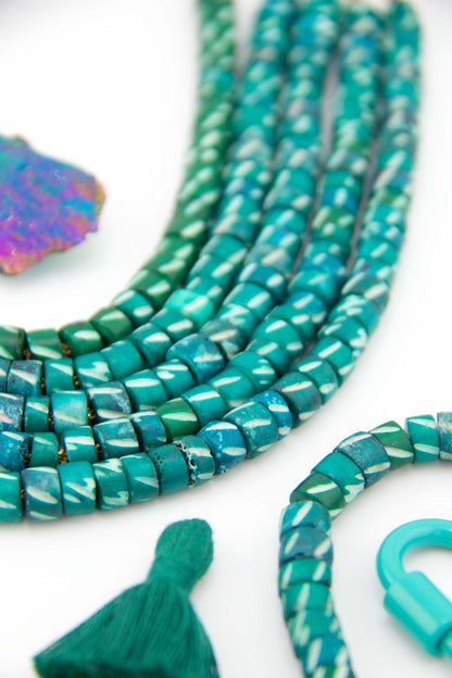 Teal Green Tribal Heishi Tube: Carved Bone Spacer Beads, 7x5mm, 42 pcs