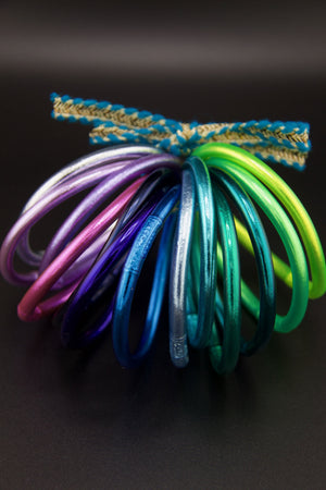 Aurora Borealis Set Thai Buddhist Temple Bracelets, Mantra Bangle, Thick, Sizes Available