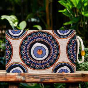 Authentic Kilim Fabric Blue Evil Eye Mandala Design Zipper Clutch Purse, Turkish Carpet, Pouch, Coin Purse, Wallet, Small Storage