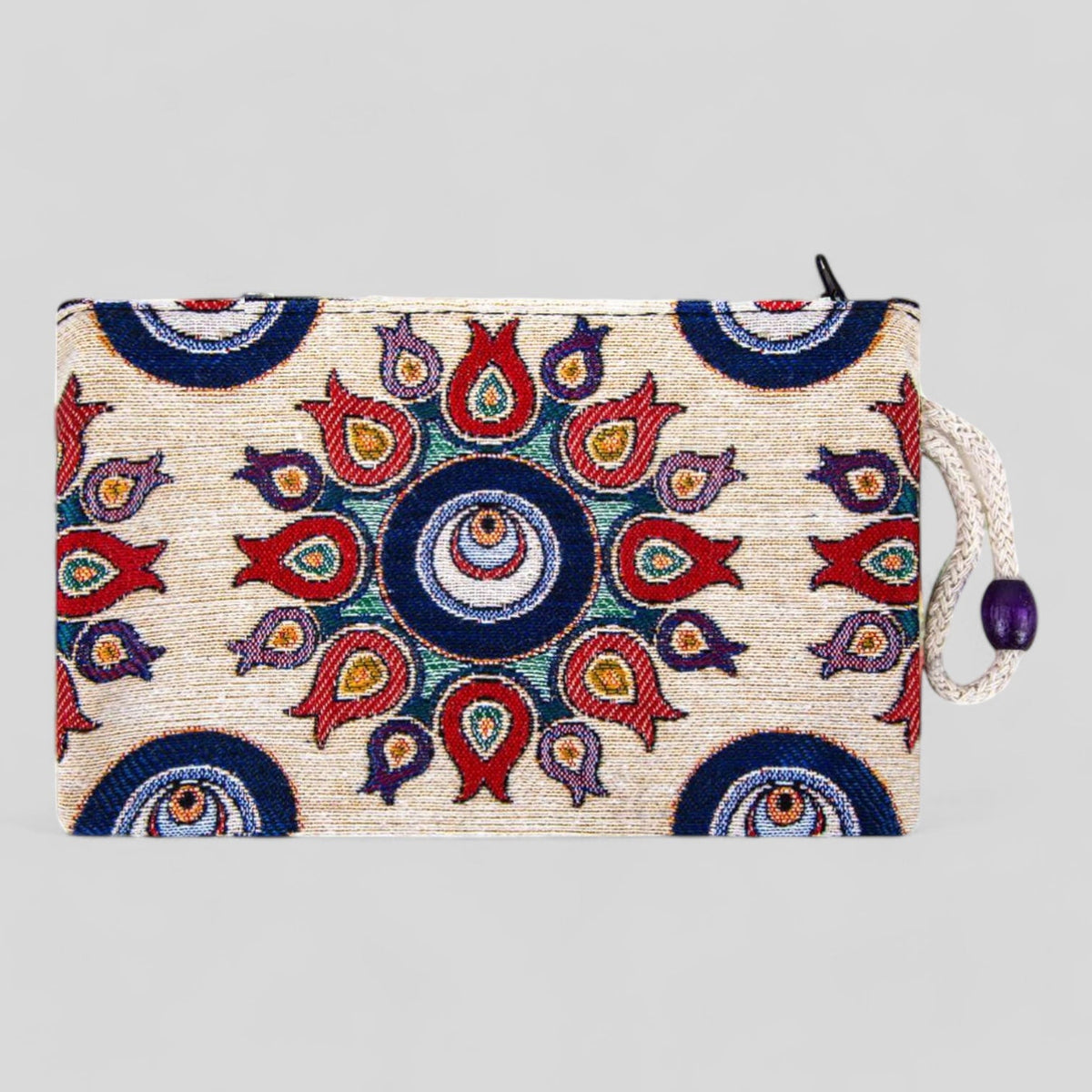 Authentic Kilim Fabric Ottoman Evil Eye & Tulips Design Zipper Clutch Purse, Turkish Carpet, Pouch, Coin Purse, Wallet, Small Storage