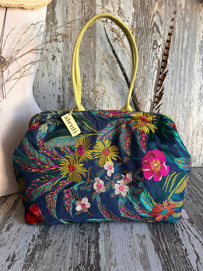 Flora Pioneer Doctor Bag, Atenti USA Handmade, Embroidered Mary Poppins Snap Frame