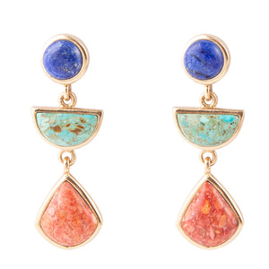 Blue Lapis Turquoise and Orange Sponge Coral Colorful Golden Drop Earrings