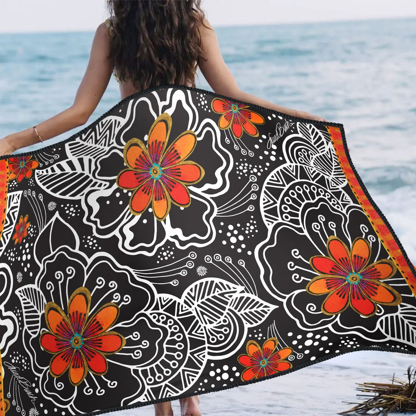 Laurel Burch Orange Blossoms Oversized Beach Towel - Microfiber, Quick-Dry