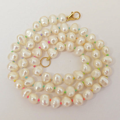 Pearl Necklace - Knotted on Rainbow Silk