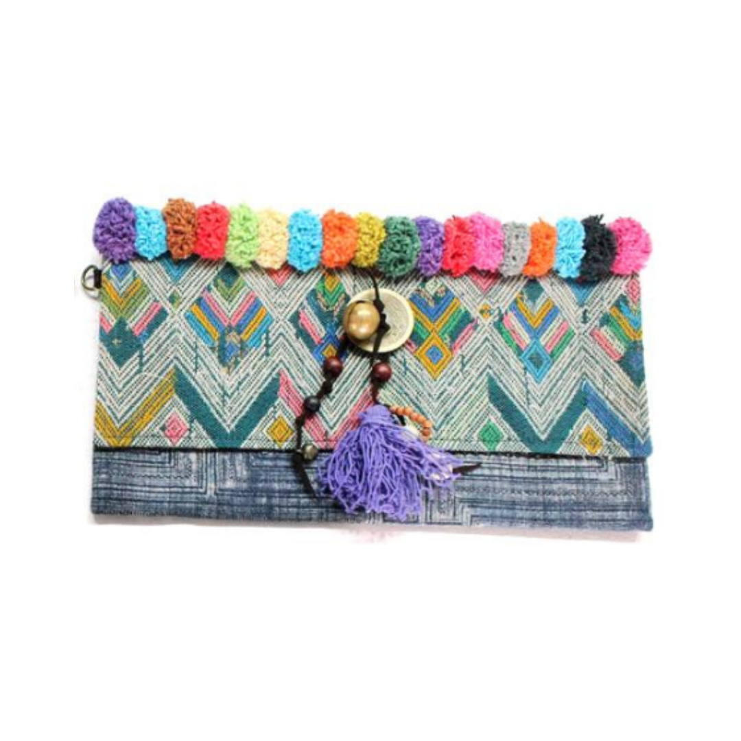Bonita Karen Textile Pompom Embroidered Clutch Bag - Thailand