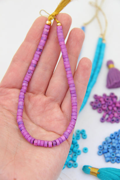 Natural Spacer Beads: 5x4mm Turquoise, Blue, Purple Heishi, Tube Shaped