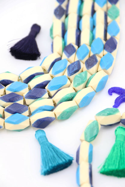 Sand & Sea Bone Beads: Blue, Green, Cream Layered Laminated Spacers, 9x16mm