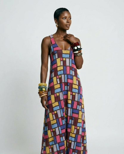 Vibrant Geometric Print Maxi Dress