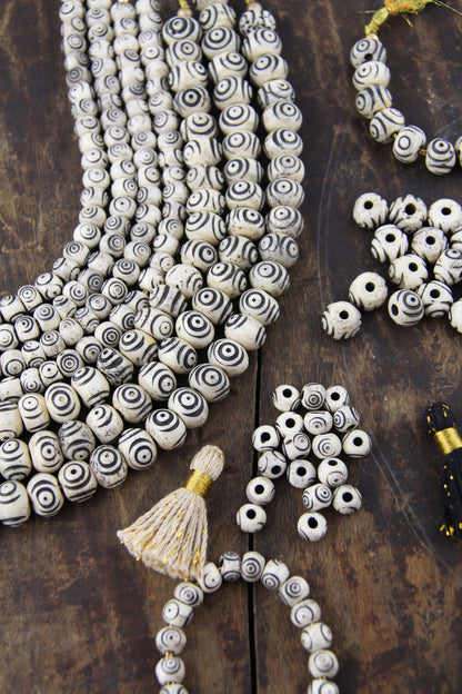 Cream & Black Bullseye Carved Melon Bone Beads, 8mm, 12mm