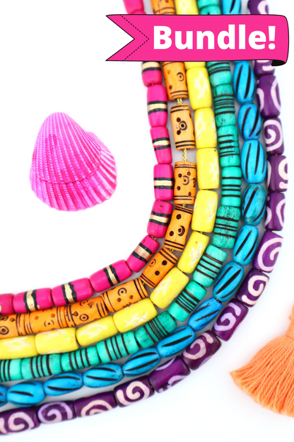 Bead Bundle: 7mm Assorted Tube Handmade Bone Beads, Bright Rainbow, 6 Strands