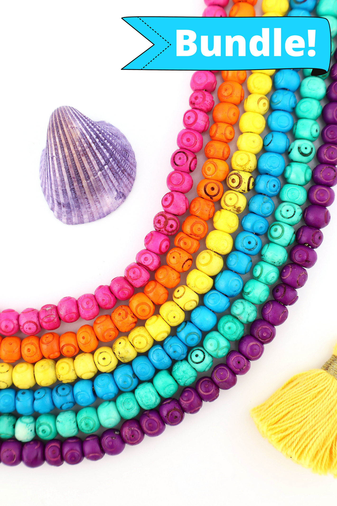Bead Bundle: 7mm Rondelle Handmade Bone Beads, Carved Target, Bright Rainbow, 6 Strands