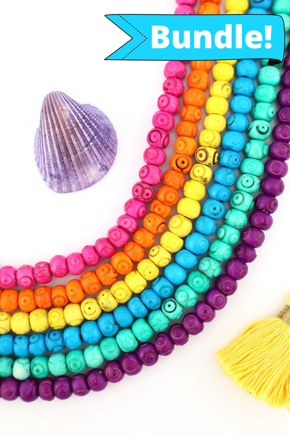 Bead Bundle: 7mm Rondelle Handmade Bone Beads, Carved Target, Bright Rainbow, 6 Strands