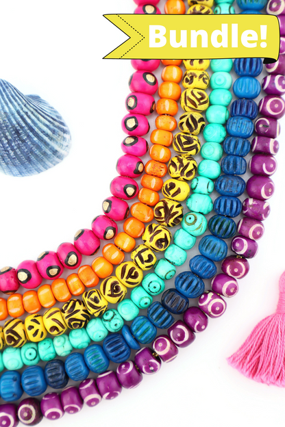 8mm Assorted Rondelle Bead Bundle: Handmade Bone Beads, Bright Rainbow, 6 Strands