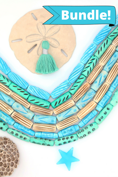 Bead Bundle: Turquoise, Teal, and Cream Handmade Tube Bone Beads, 10x25mm, 7 Strands, 56+ Beads