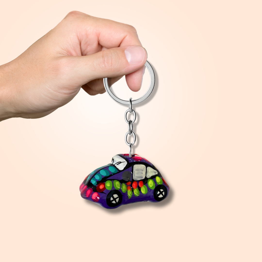 Volkswagen VW Van & Beetle Mexican Hand painted Clay Keychain - Mexico