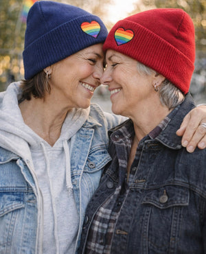 LGBTQ+ Pride Knit Beanie Hat – For Every Identity | Rainbow Heart Winter Beanie | Navy Blue, Red, or Black