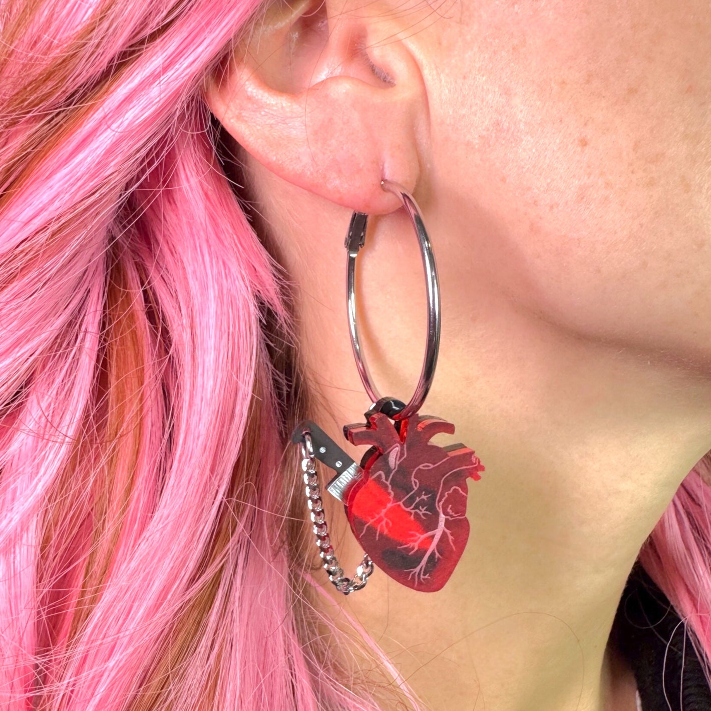 Chopped Heart Hoops - Drop Dead Red Silver Hoops