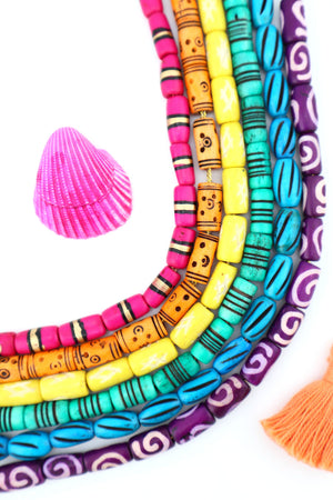Bead Bundle: 7mm Assorted Tube Handmade Bone Beads, Bright Rainbow, 6 Strands