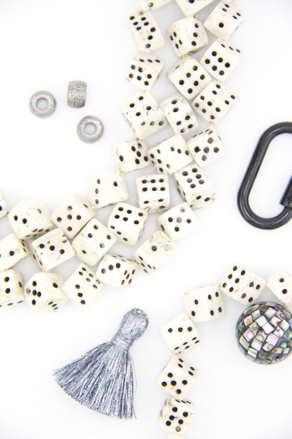 Black & White Dice Beads, Hand Carved Game Beads, 10-12mm