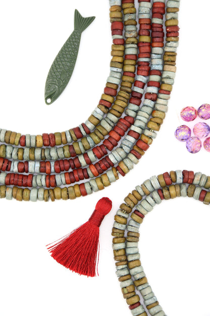 7x3mm Burgundy, Faded Denim Blue, Green, Heishi Spacer Beads, 75+ beads