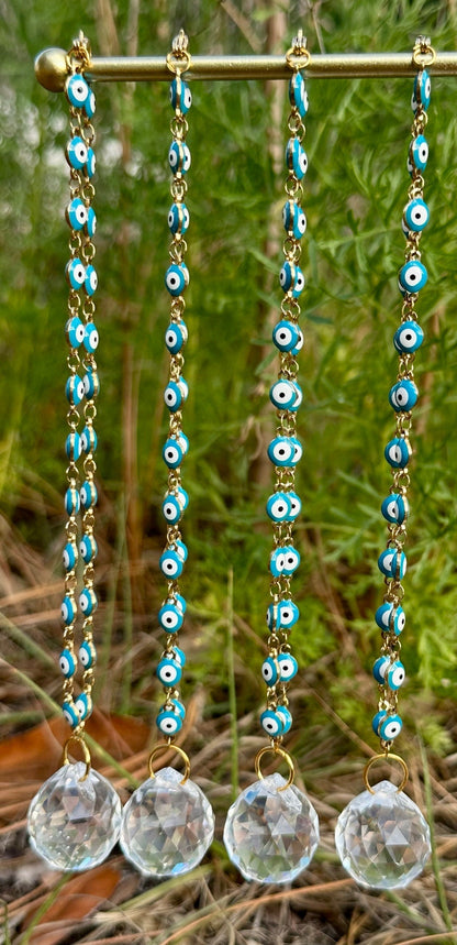 Evil Eye Nazar Boncuk Chain Rearview Mirror Hanging Rainbow Suncatcher Car Charm Mal de Ojo Gift Box -- Gold or Silver Chain