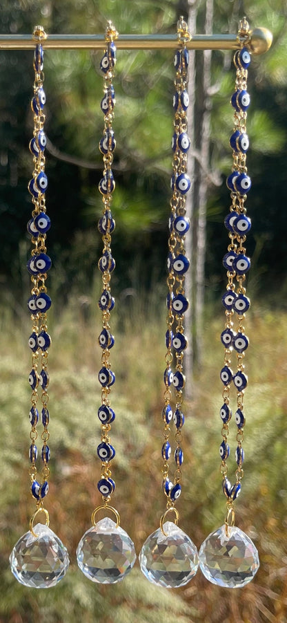 Evil Eye Nazar Boncuk Chain Rearview Mirror Hanging Rainbow Suncatcher Car Charm Mal de Ojo Gift Box -- Gold or Silver Chain