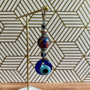 Evil Eye Nazar Boncuk Mal De Ojo Keychain with Hand Painted Ceramic Ball - Blue Floral Tulip