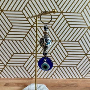 Evil Eye Nazar Boncuk Mal De Ojo Keychain with Hand Painted Ceramic Ball - White and Blue Floral Tulip