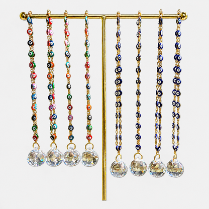 Evil Eye Nazar Boncuk Chain Rearview Mirror Hanging Rainbow Suncatcher Car Charm Mal de Ojo Gift Box -- Gold or Silver Chain