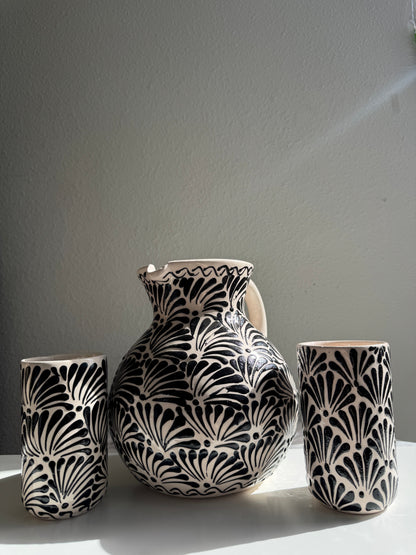 Mexican hand made pottery agua fresca jar and cup set, juego de jarra y vasos.