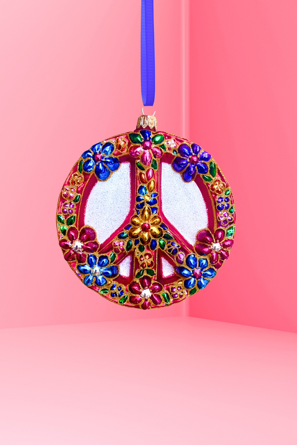 Peace Sign Polish Glass Ornament (Floral Side)