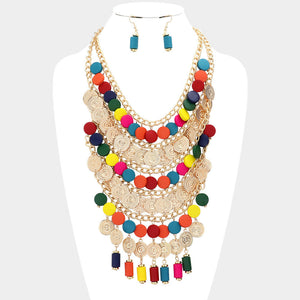Rainbow Round Wood Metal Disc Cluster Statement Necklace