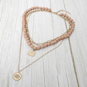 Round Evil Eye Square Pendant Wooden Beaded Multi Layered Necklace