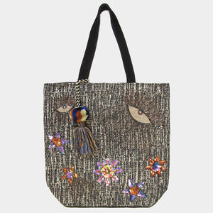 Evil Eye Accented Pom Pom Tassel Shoulder Bag