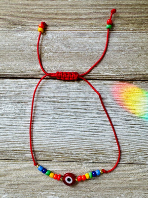 Rainbow Beaded Evil Eye Amulet Adjustable String Bracelets