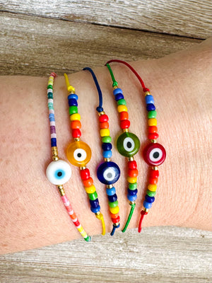 Rainbow Beaded Evil Eye Amulet Adjustable String Bracelets