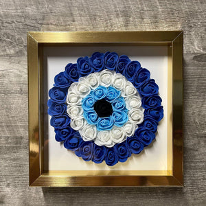 Gold 9” x 9” Handmade Evil Eye Nazar Boncuk Mal De Ojo Rose Flower Shadowbox