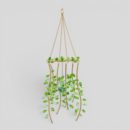 Hanging Gold Metal Suncatcher with Green and Clear Prismatic Beads & Natural Stone - Jelly Fish