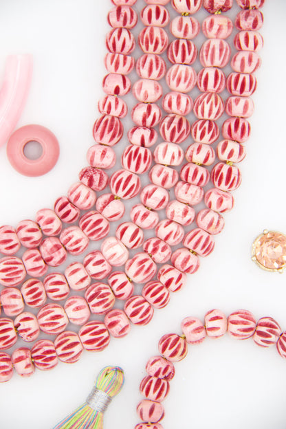 Pink Carved Melon Rondelle Bone Beads, 8mm, 34 pieces